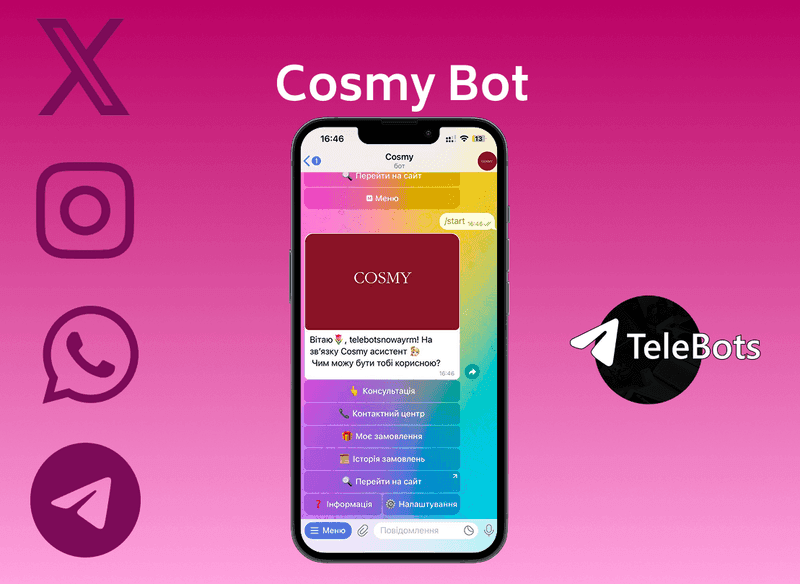 Cosmy - bot sklepu internetowego - 400+ klientów, 40% wzrost zaangażowania dzięki automatyzacji zarządzania zamówieniami | TeleBots Portfolio