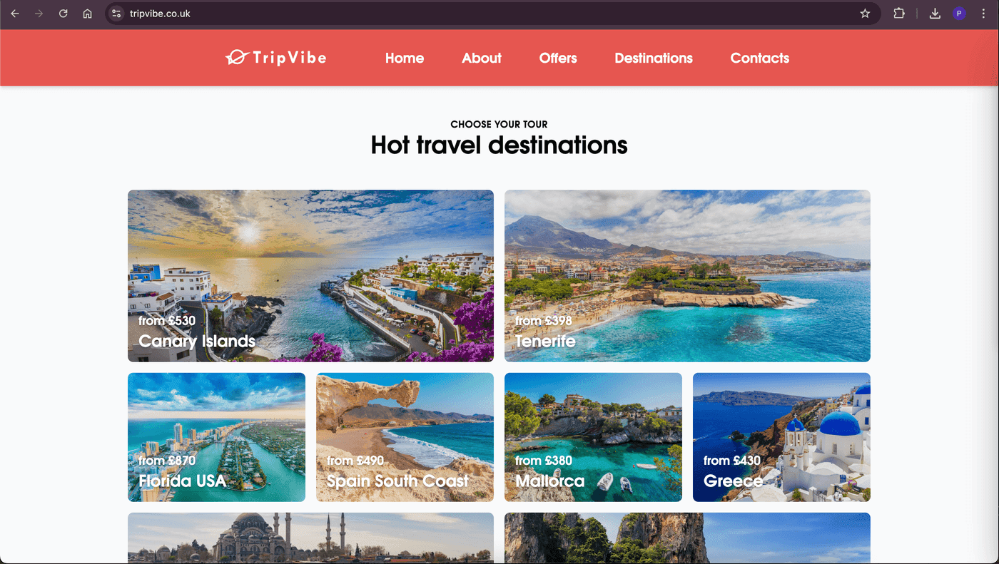 TripVibe — nowoczesne brytyjskie biuro podróży - Kompletna platforma do rezerwacji podróży z obsługą 24/7 i ochroną ATOL & ABTA | TeleBots Portfolio