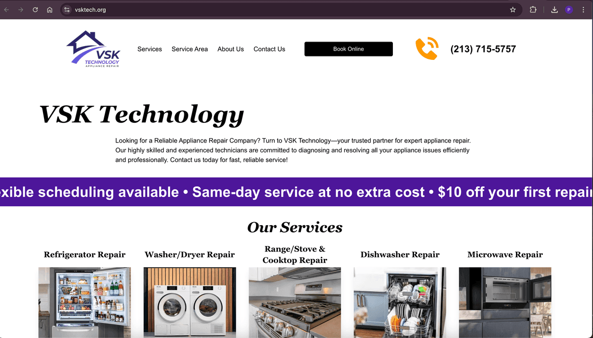 VSK Technology — profesjonalny serwis sprzętu AGD - Nowoczesna strona internetowa dla firmy serwisowej z rezerwacją online i integracją Google Maps | TeleBots Portfolio